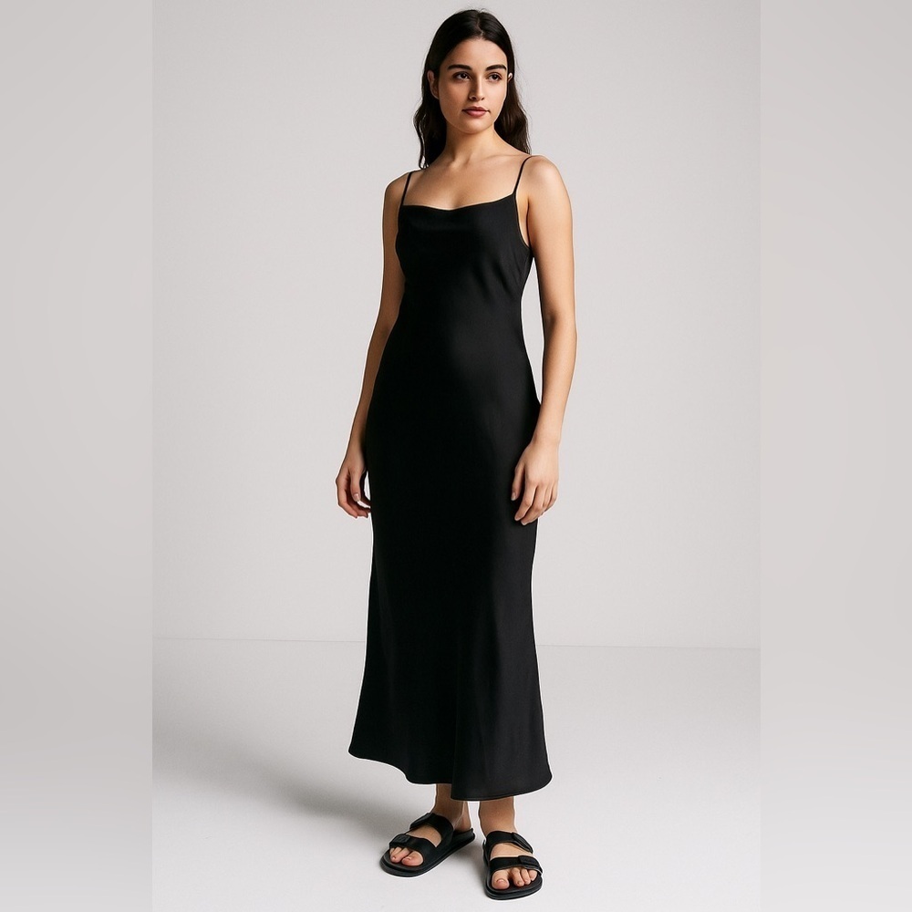 Anne Klein Black Satin Square Neck Spaghetti Strap Midi Dress